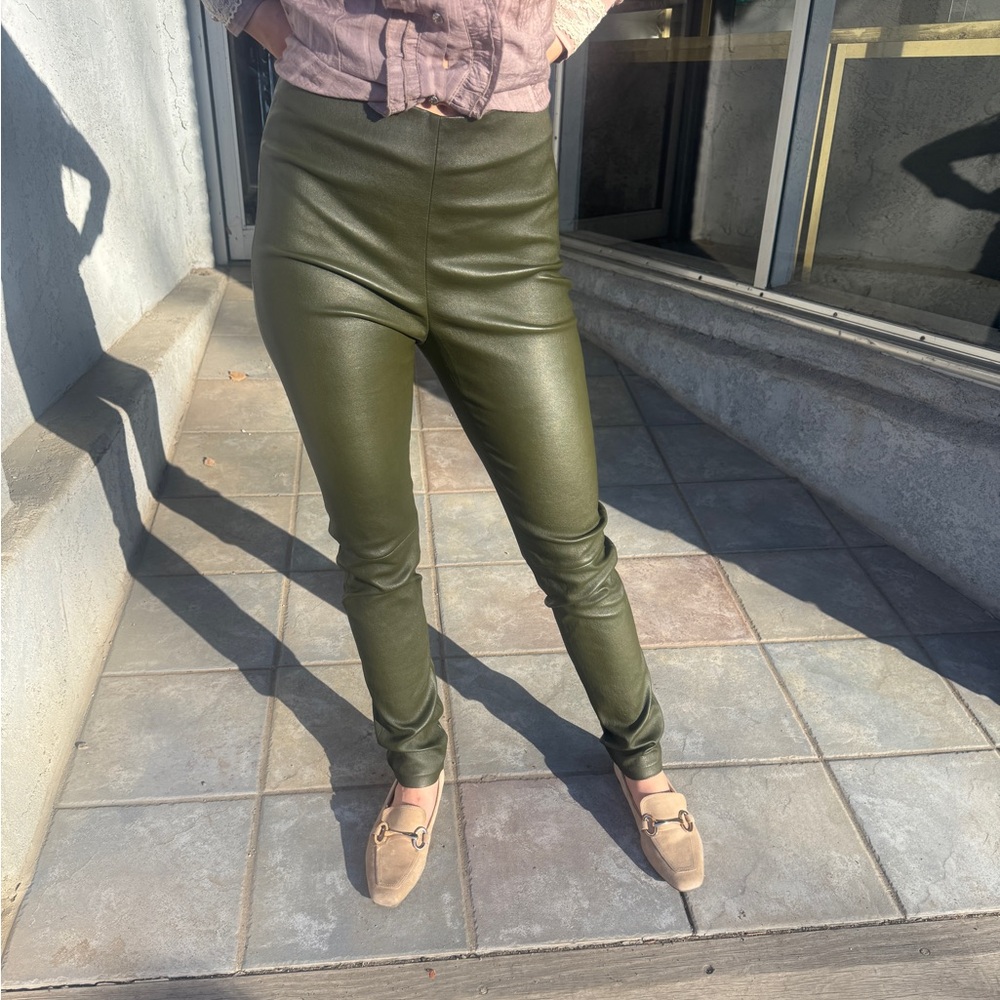 Maison Ullens Olive Green Leather Slim Pants | Mid-Rise | 30” Waist